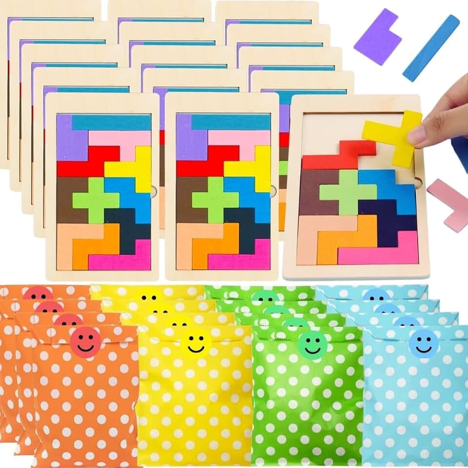 Pack 20 Mini Giochi Blocchi Legno + Sacchetti Regalini, Gadget Compleanno