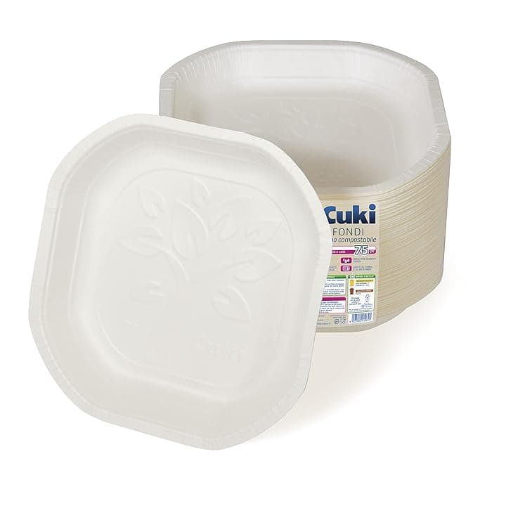 Cuki Piatti Fondi in Cartoncino Biodegradabile e Compostabile, ideali con alimenti liquidi e caldi, 1 Confezione da 75 Pezzi, per Picnic, Feste, Barbecue, Pranzi e Cene, 19.8 x 19.8 cm