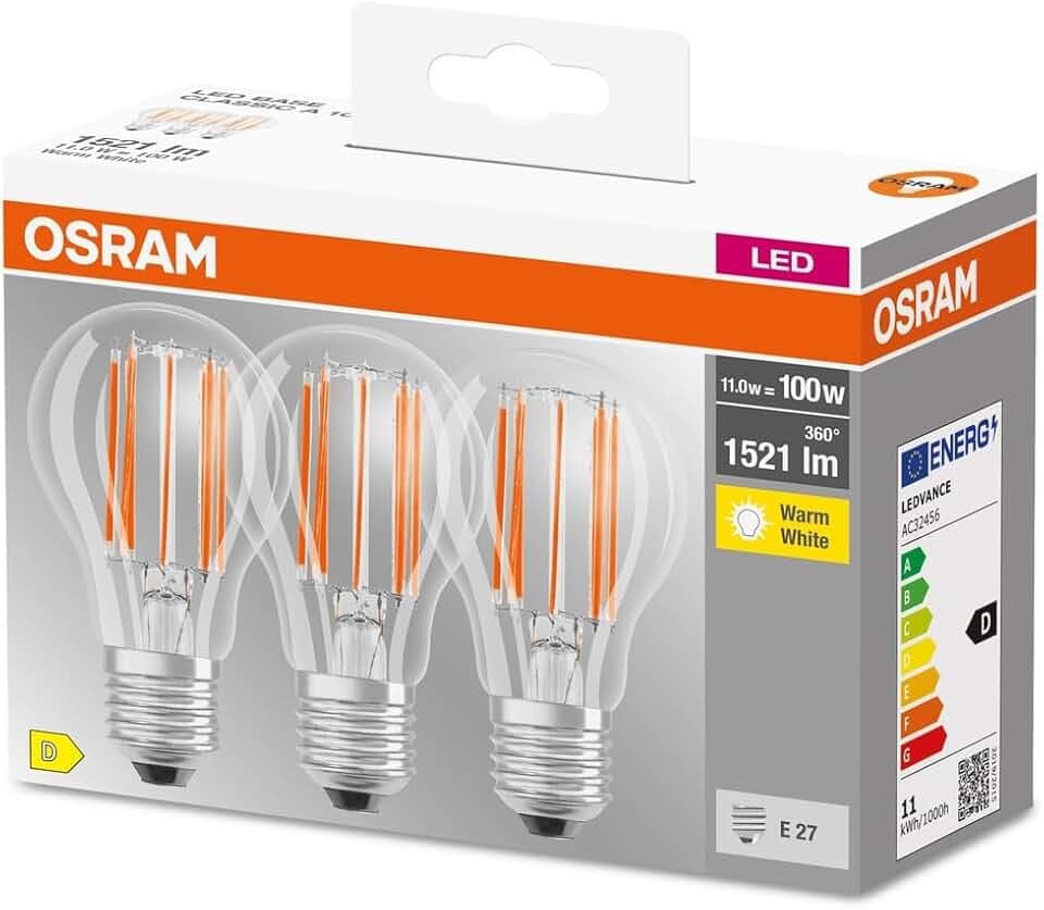 OSRAM Led Base Classic A100, Lampade Led A Filamento Chiaro In Vetro Per Base E27, Forma Di Lampadina, Bianco Caldo 2700K, 6 X 6 X 10.5 Cm