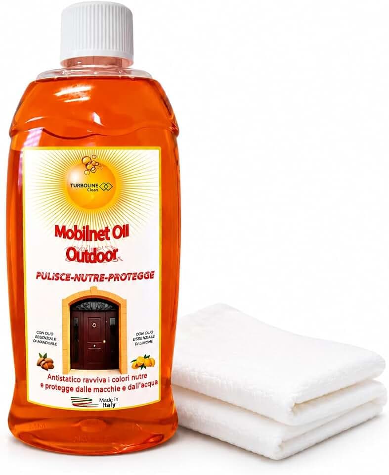 Olio Protettivo per Legno da Esterni. Resiste a Pioggia e Raggi UV. Protegge da Umidità e Sporco. Ravviva il Colore del Legno. Non Unge. Profumo di Limone. 500 ml con Panno Incluso