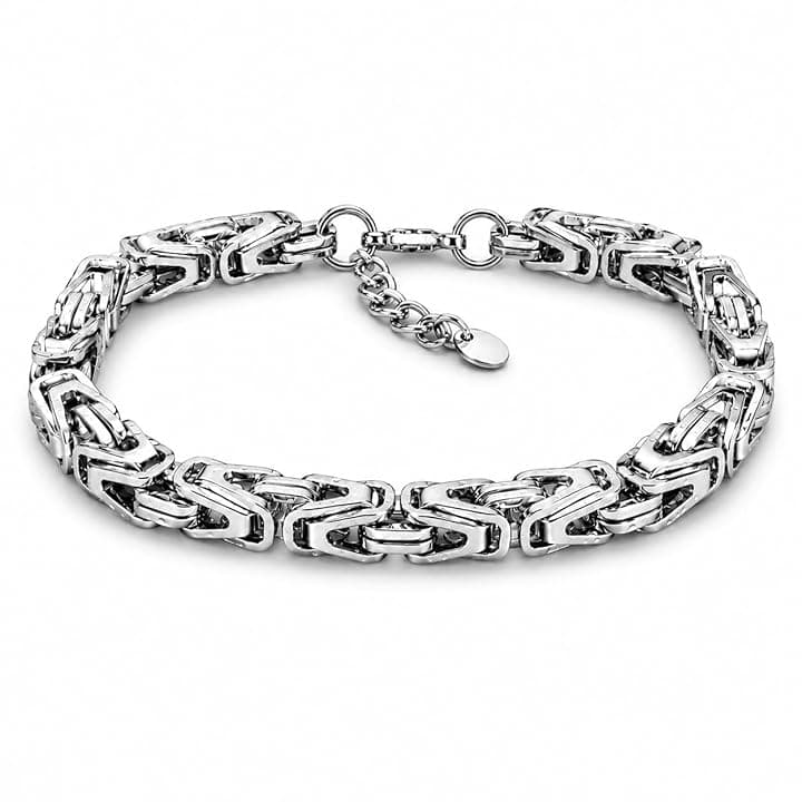 SAGA GIOIELLI Bracciale Uomo in Acciaio Inossidabile Lucido 7 mm, Catena Bizantina Elegante, Lunghezza Regolabile 19,5 + 5 cm, Bracciale Anallergico Resistente all’Acqua, Idea Regalo Uomo
