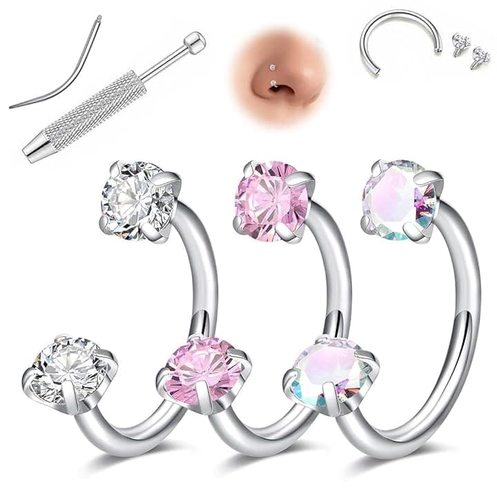 BAHME BAHME Piercing da naso a ferro di cavallo da donna, 8 mm, piercing naso, nostril, set di gioielli dorati e argento, doppi anelli a ferro di cavallo, acciaio chirurgico per elice, trago, labret