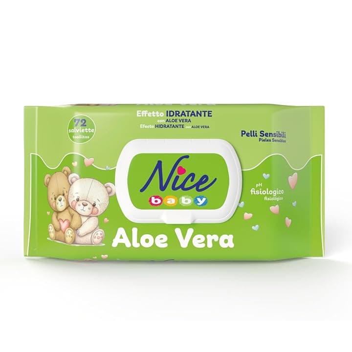 Nice Baby Aloe Vera Salviette per Cambio Pannolino, con Aloe Vera ad Effetto Idratante sulla Pelle, Dermatologicamente Testate, Confezione da 72 Salviette