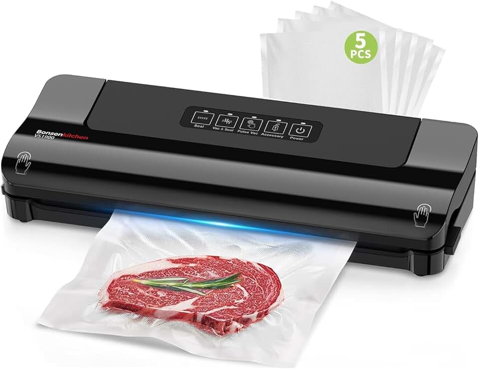 Bonsenkitchen Macchina per Sottovuoto Alimenti – Compatta, Funzionamento Continuo ad Alta Velocità, 4 Modalità, Include Sacchetti e Tubo Accessorio ISCC PLUS