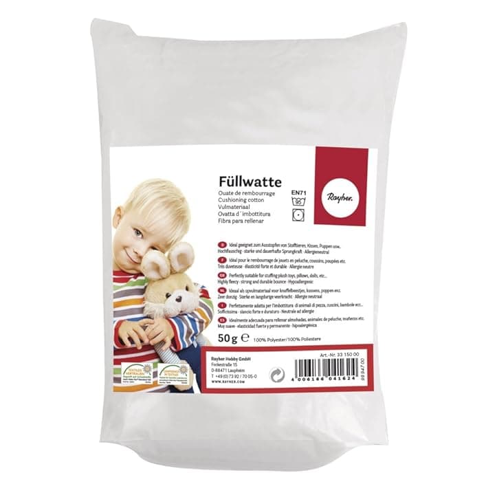 RAYHER HOBBY 3315200 Imbottitura Ovatta Soffice, Ovatta Fioccata, Riempimento Cuscini, Peluche, 100% Poliestere, Sacchetto da 300g