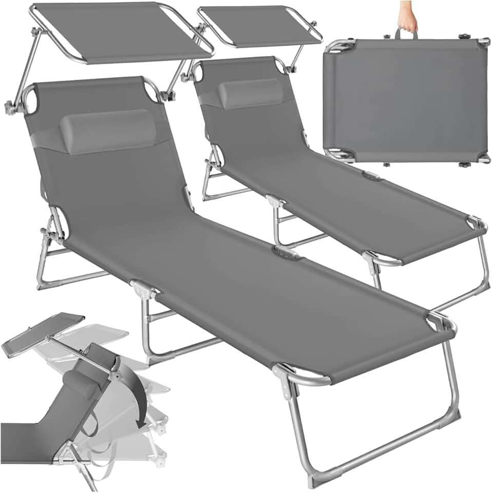 tectake® Set 2X Lettino Pieghevole, Lettini Prendisole Pieghevoli Sdraio con Parasole, Schienale Regolabile 4 Posizioni, Rivestimento Resistente, Giardino Spiaggia Lettini Prendisole Mare - Grigio