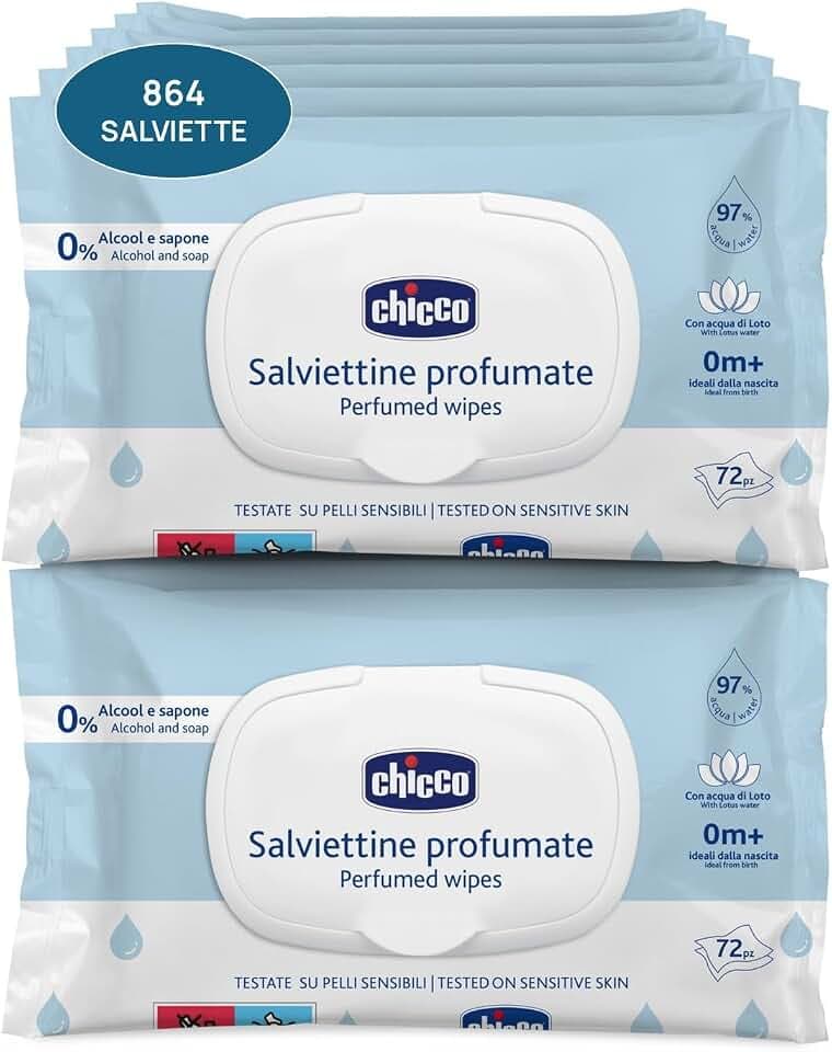 Chicco Salviette Neonato Megapack da 864 Salviette, Detergenti Multiuso Con Clip, Senza Alcool, Profumate, Adatte per Pelli Sensibili, con flip 2024, 12 Confezioni da 72 Salviettine