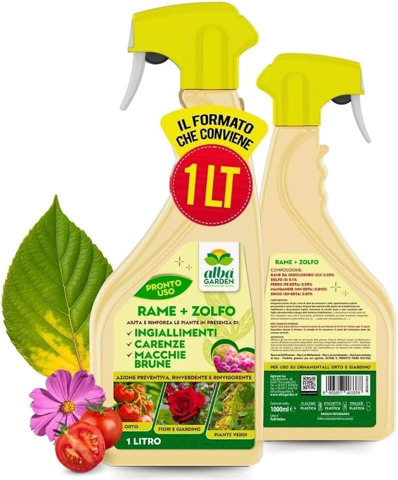 Albagarden - Rame + Zolfo Spray - Effetto Fungicida per Piante - MAXI x 1L - Concime Potente per Piante Contro le Malattie - Per Ingiallimenti, Carenze, Macchie Brune, Oidio, Peronospora