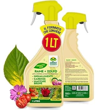 Albagarden - Rame + Zolfo Spray - Effetto Fungicida per Piante - MAXI x 1L - Concime Potente per Piante Contro le Malattie - Per Ingiallimenti, Carenze, Macchie Brune, Oidio, Peronospora