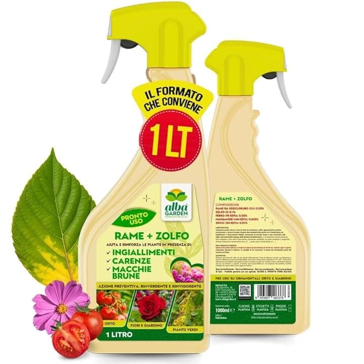 Albagarden - Rame + Zolfo Spray - Effetto Fungicida per Piante - MAXI x 1L - Concime Potente per Piante Contro le Malattie - Per Ingiallimenti, Carenze, Macchie Brune, Oidio, Peronospora