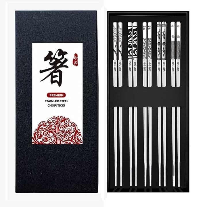 Bacchette in Acciaio Inox, 5 Paia di Bacchette Riutilizzabili Lavabili in Lavastoviglie, Bacchette Giapponesi con Incisione Laser, Set di Bacchette Senza Metallo da Regalo per Natale/Compleanno