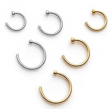 Icyowls 6 PCS Finto piercing naso anello setto, anelli in titanio 20G a C 6/8/10 mm, sottili ipoallergenici per naso, labbro, cartilagine ed elice, per uomini e donne