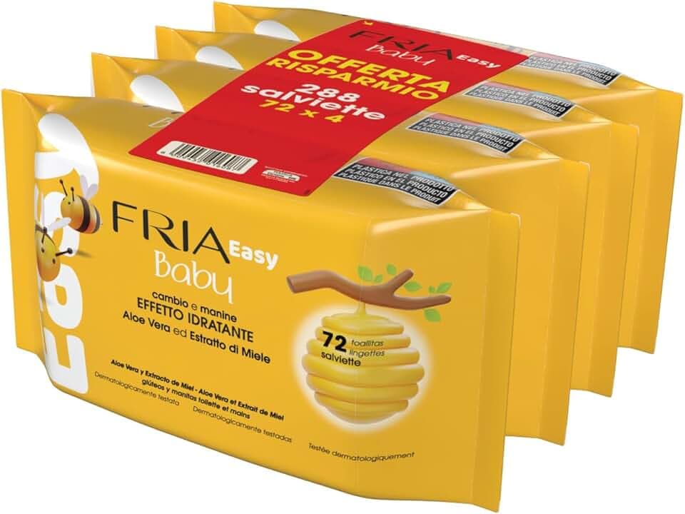 Fria Easy Baby Salviette per Cambio Pannolino, con Aloe Vera ed Estratto di Miele ad Effetto Idratante sulla Pelle, Dermatologicamente Testate, Confezione da 288 Salviette