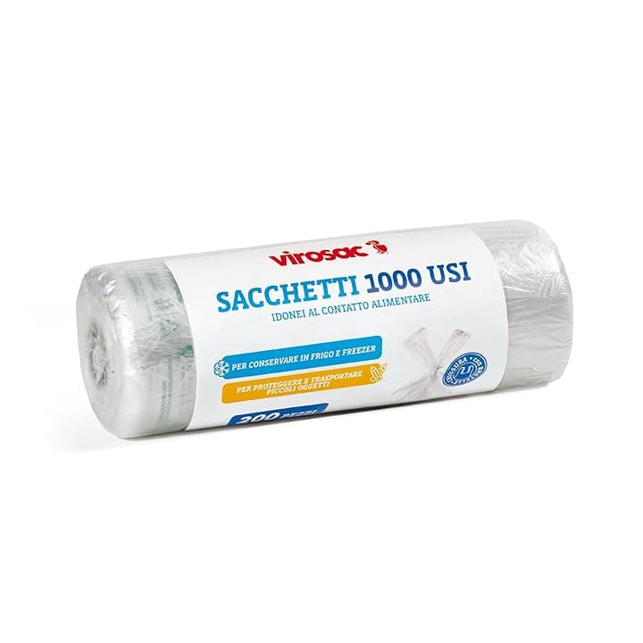 Virosac - 1000 Usi - Sacchetti multiuso a forma di shopper 34x60, 200 sacchetti per rotolo, trasparente