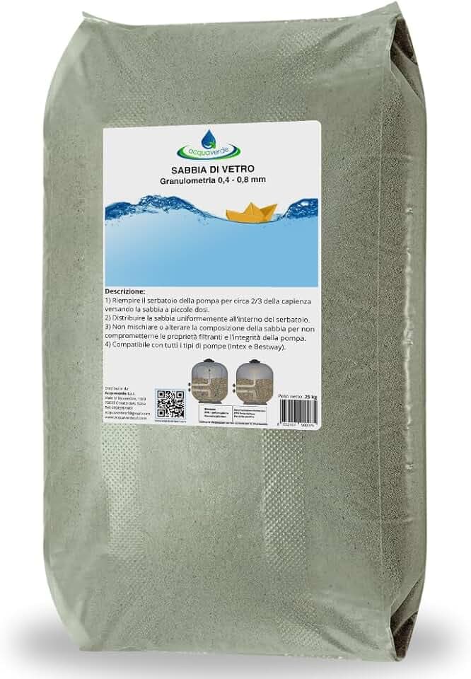 acquaverde | Sabbia di Vetro Filtrante - Sacco da 25 kg, Granulometria 0,4-0,8 mm, Vetro Attivo Compatibile con Pompa Filtro di Piscine Intex e Bestway