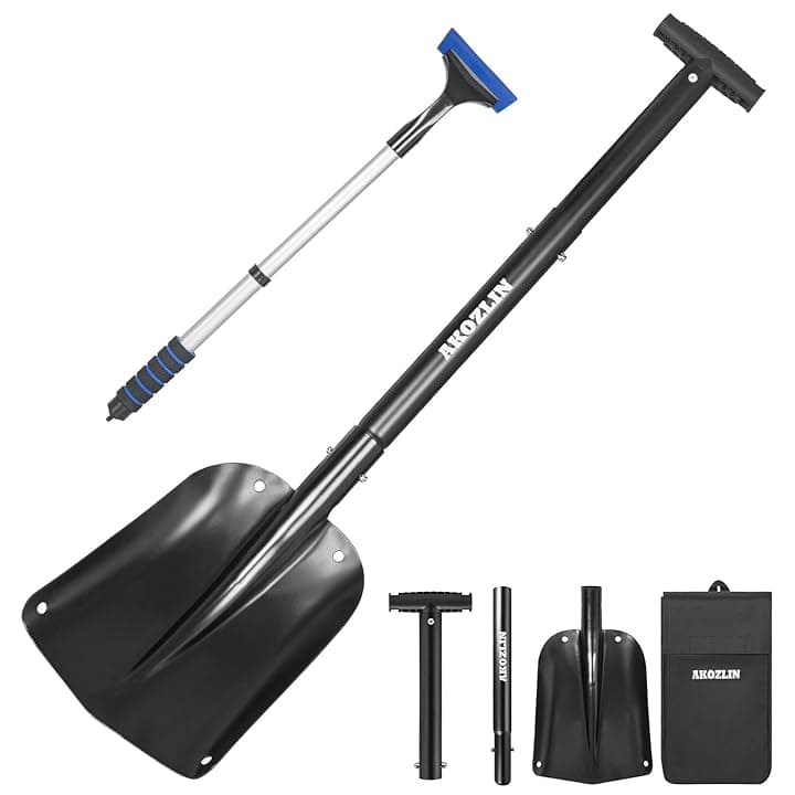 Pala da neve telescopica di emergenza con raschietto per ghiaccio e borsa per il trasporto, pieghevole in alluminio, 53,8 - 82 cm, pala di emergenza retrattile, leggera, per auto, motoslitta, giardino