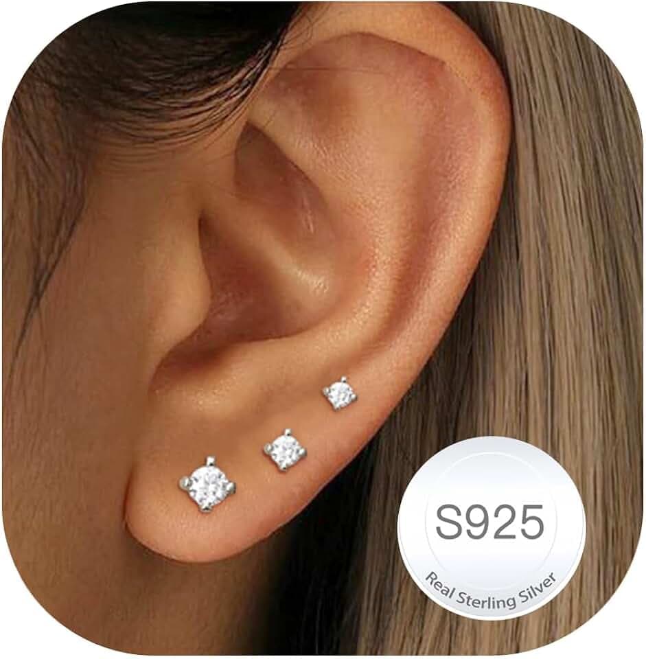 Rajputana 3 Paia Di Piccoli Orecchini In Argento Sterling Per Signore Set Di Orecchini Ipoallergenici in Oro 14K Perno Delicati in Argento 925 Con stelle e Puntini a Cuore