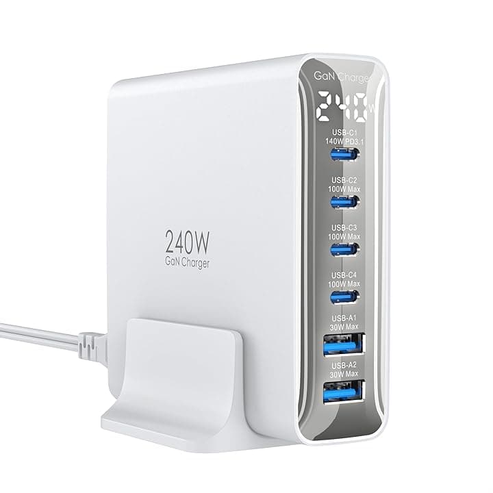 240W Caricatore USB C 6 porte, Caricabatterie GaN PD3.1 con display LED, Stazione di ricarica rapida da tavolo per MacBook Pro/Air, per iPhone Pro/iPad Pro/Dell XPS/Galaxy/Laptop e altro, Bianco