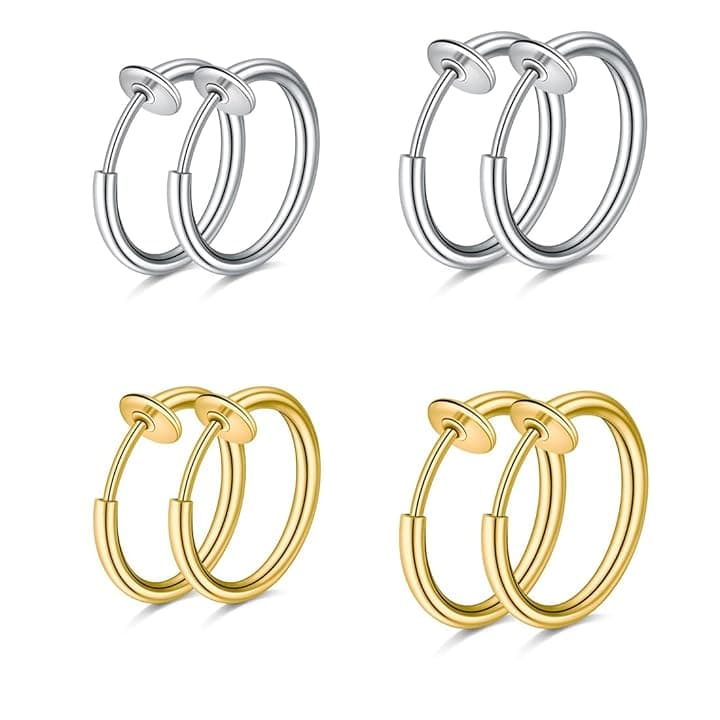 WKRTDY WKRTDY Set di 4 paia orecchini finti senza buco in acciaio inossidabile per uomo, donna e bambina, Orecchini clip, cerchio, anello ear cuff, per creare un look moderno e senza piercing, Oro e Argento