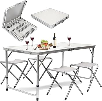 BAKAJI Set Tavolo Tavolino 120 x 70 cm Pieghevole con 4 Sgabelli da Pic Nic per Campeggio SpiaggiaStruttura Tubolare in Alluminio Piano in ABS Sedute in tessuto Richiudibile Salvaspazio con Maniglia