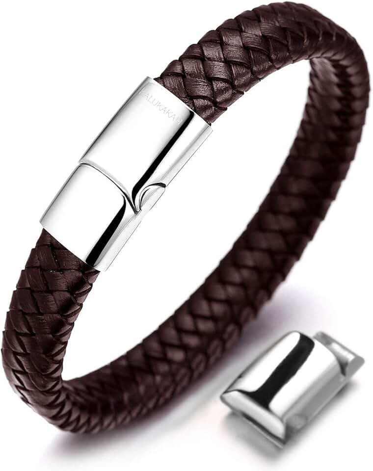 HALUKAKAH Accessori per Bambini ● Solo Junior ● Braccialetto in Pelle per Ragazzi Marrone/Nero Classico, Progettato per Età 6-15, Con Esclusiva Chiusura Magnetica in Titanio Dorato/Argento/Nero, Misura 7”+0.7"(18+1.5cm), Inclusa Confezione Regalo Omaggio