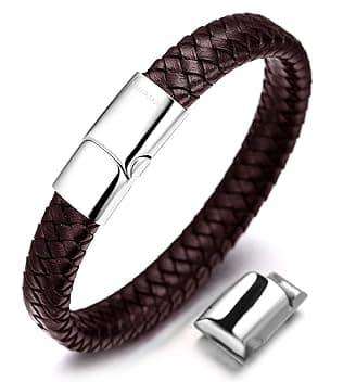 HALUKAKAH Accessori per Bambini ● Solo Junior ● Braccialetto in Pelle per Ragazzi Marrone/Nero Classico, Progettato per Età 6-15, Con Esclusiva Chiusura Magnetica in Titanio Dorato/Argento/Nero, Misura 7”+0.7"(18+1.5cm), Inclusa Confezione Regalo Omaggio