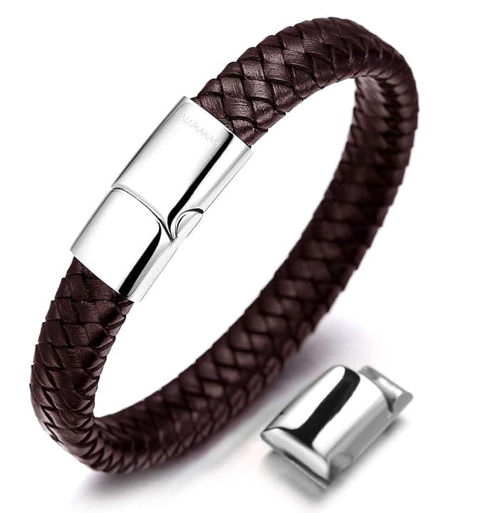 HALUKAKAH Accessori per Bambini ● Solo Junior ● Braccialetto in Pelle per Ragazzi Marrone/Nero Classico, Progettato per Età 6-15, Con Esclusiva Chiusura Magnetica in Titanio Dorato/Argento/Nero, Misura 7”+0.7"(18+1.5cm), Inclusa Confezione Regalo Omaggio