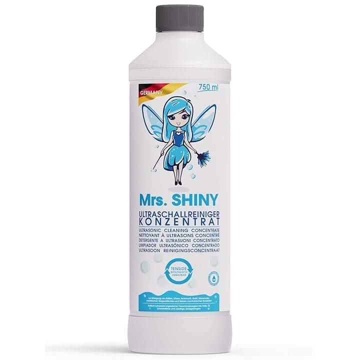 Mrs. SHINY Mrs. SHINY - Detergente a ultrasuoni concentrato per occhiali, gioielli, dentiere e altro ancora - Per tutti i dispositivi di pulizia a ultrasuoni - Lavaggio ultrasuoni - 750 ml Compact by Design (certificazione sviluppata da Amazon)