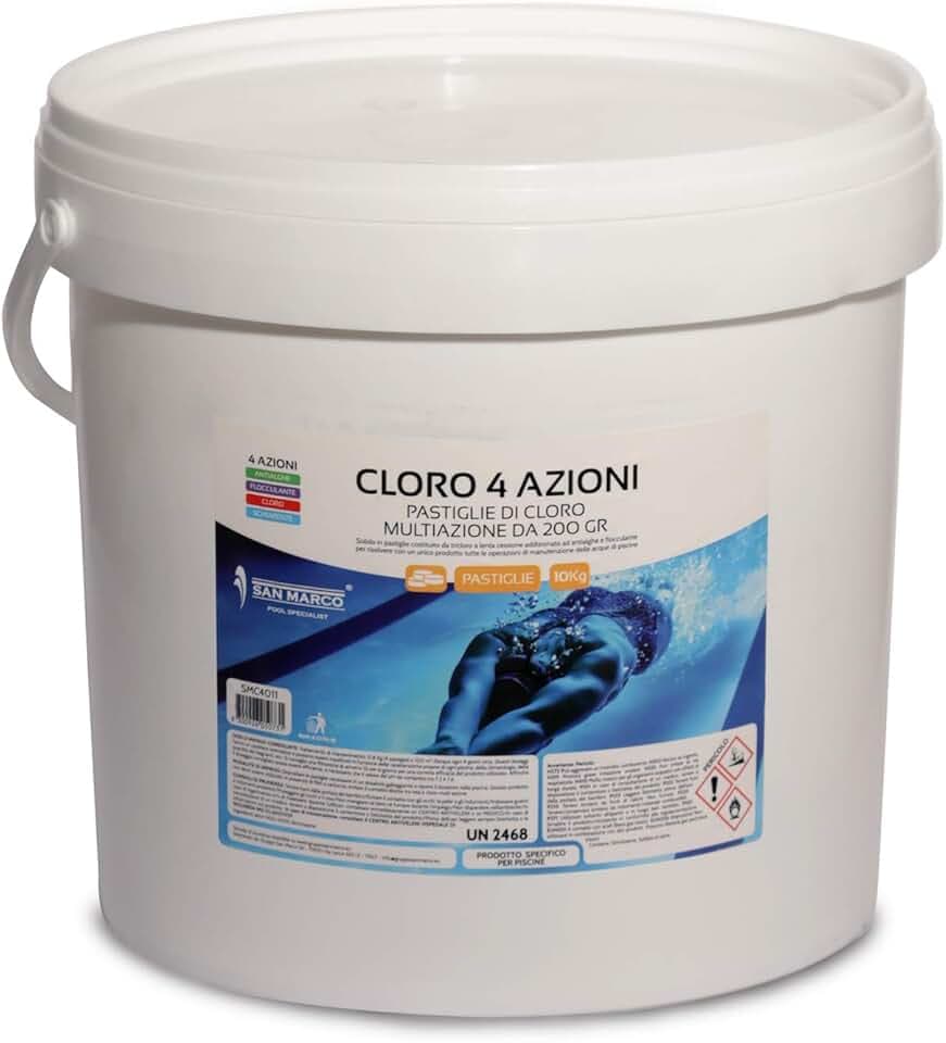 San Marco pastiglie multifunzione per piscina, trattamento 4 in 1: clorante, antialghe, stabilizzante del Ph e Flocculante per Acqua di Piscine disponibile in diversi formati da 1,5,10,25 kg (10 kg)