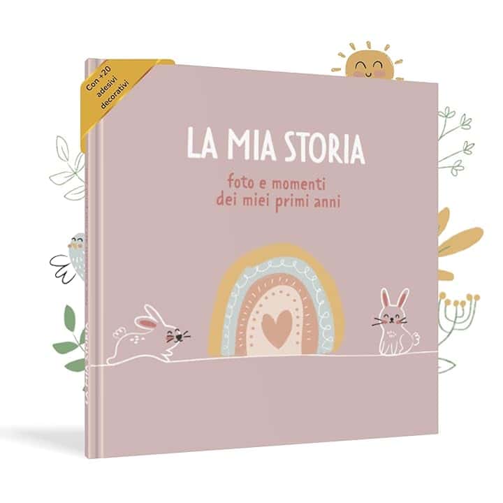 Album Nascita Bambina e Bambino per Incollare Foto e Scritte con +50 Pagine e Adesivi, Album Fotografico Neonato per il Primo Anno fino a 5 Anni, Ideale per Regalo Nascita