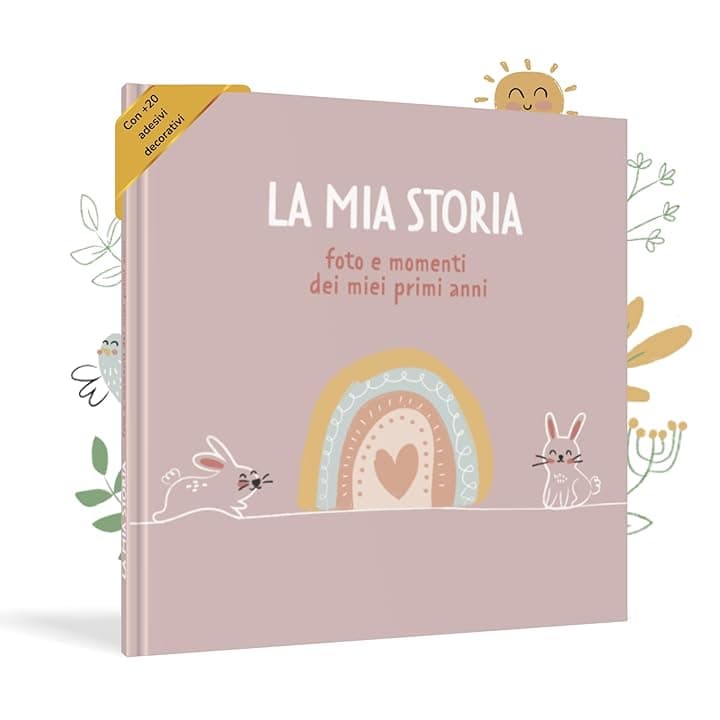 HuBorns - Album Nascita Bambina e Bambino per Incollare Foto e Scritte con +50 Pagine e Adesivi, Album Fotografico Neonato per il Primo Anno fino a 5 Anni, Ideale per Regalo Nascita