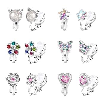 HMCEY 6 Paia Orecchini a Clip Bambini,Principessa Orecchini Senza Buco Colorati,Finti Orecchinis Anallergici,Clip On Earrings,Gioielli Orecchinis Clips Ragazza,Orecchinies Cuori Fiori Farfalle