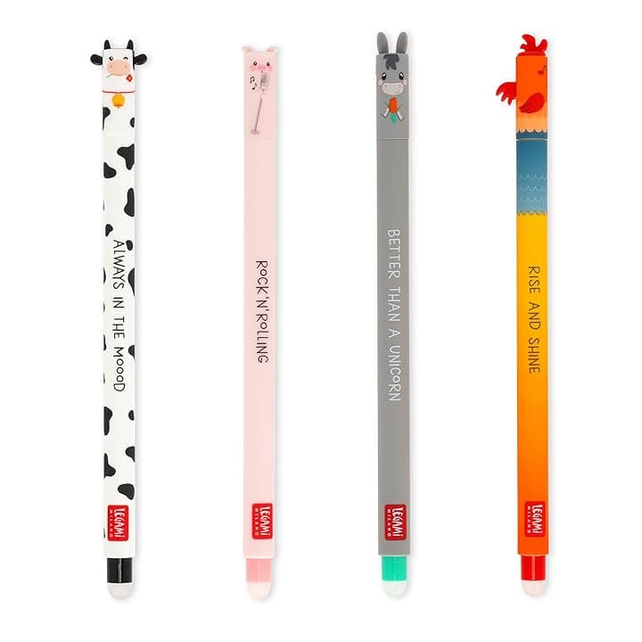 Legami - Set di 4 Penne Gel Cancellabili Farm Sweet Farm, Penne con Inchiostro Cancellabile Termosensibile, Nero, Rosa, Verde, Rosso, Cancella Senza Consumare il Foglio, Punta 0,7 mm