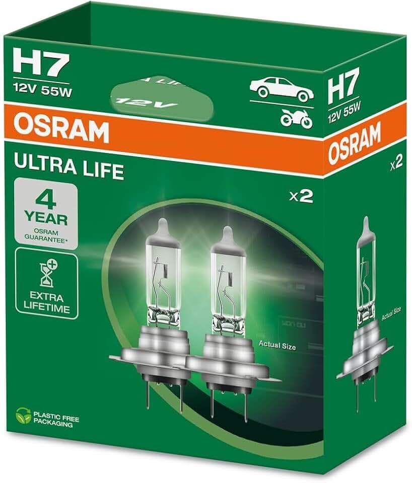 OSRAM ULTRA LIFE, H7, lampade per proiettori alogene, scatola pieghevole sospesa (2 lampade)