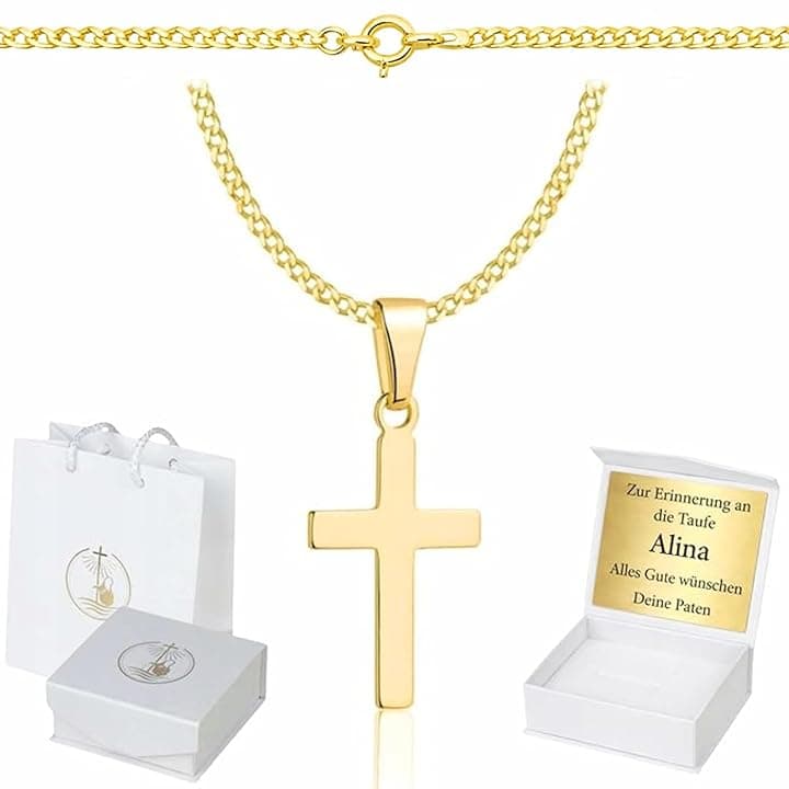 ZELYA Collana in oro con croce placcata in oro 925/585 14 carati, per ragazze e ragazzi, 45 cm, con croce, per la comunione e il battesimo, confezione regalo con incisione