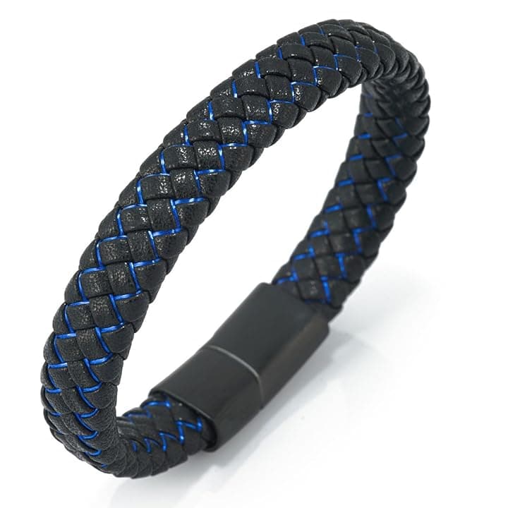 HALUKAKAH ● Jazz Junior ● Ragazzi Vera Pelle Treccia Fatta a Mano Nero mix Blu/Rosso/Verde Bracciale 6-12 Anni. Titanio Smerigliata Chiusura Magnetica Taglia Regolabile 18-19.5cm con Pacco Regalo