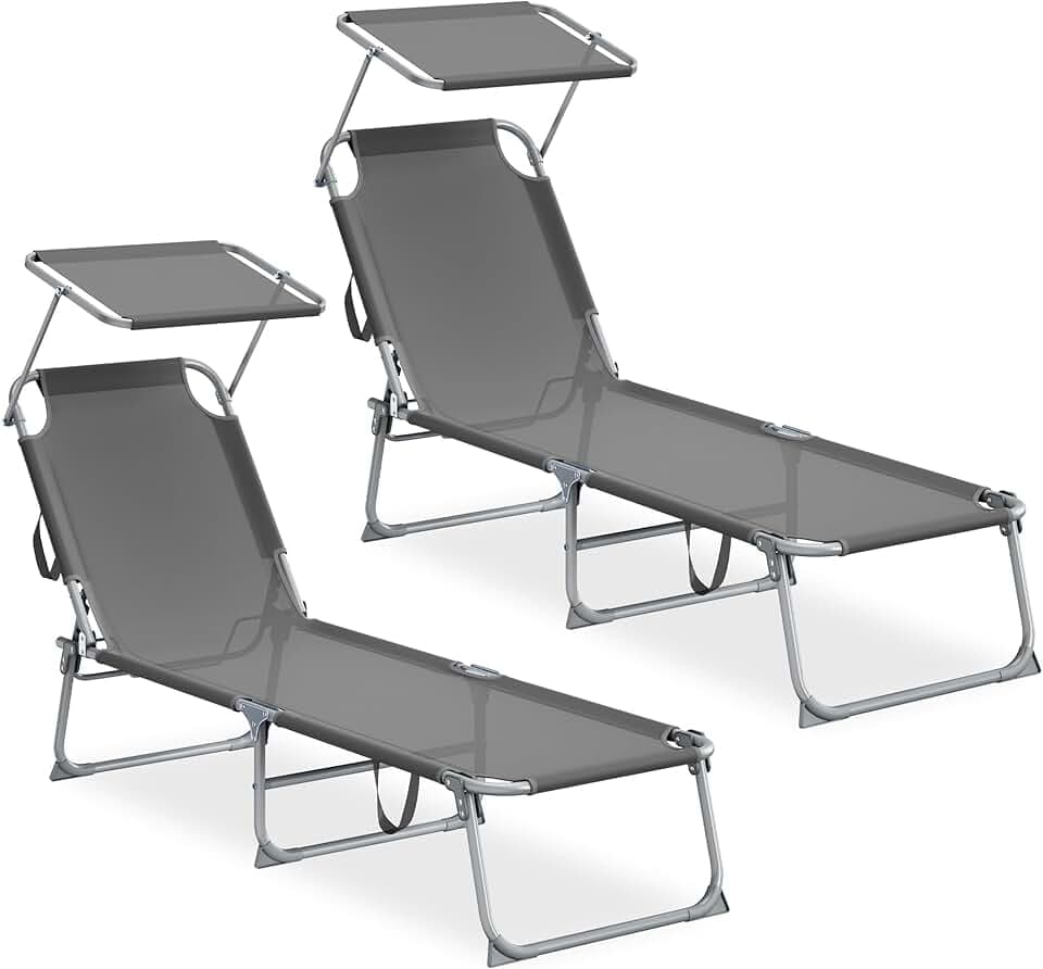 SONGMICS Sedie a Sdraio Pieghevoli, 189 x 53 x 28,5 cm, Lettini Prendisole, Portata 110 kg Ciascuno, Parasole e Schienale Regolabili, per Terrazza e Balcone, Set da 2, Grigio GCB294GZ02