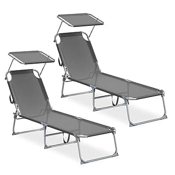 SONGMICS Sedie a Sdraio Pieghevoli, 189 x 53 x 28,5 cm, Lettini Prendisole, Portata 110 kg Ciascuno, Parasole e Schienale Regolabili, per Terrazza e Balcone, Set da 2, Grigio GCB294GZ02