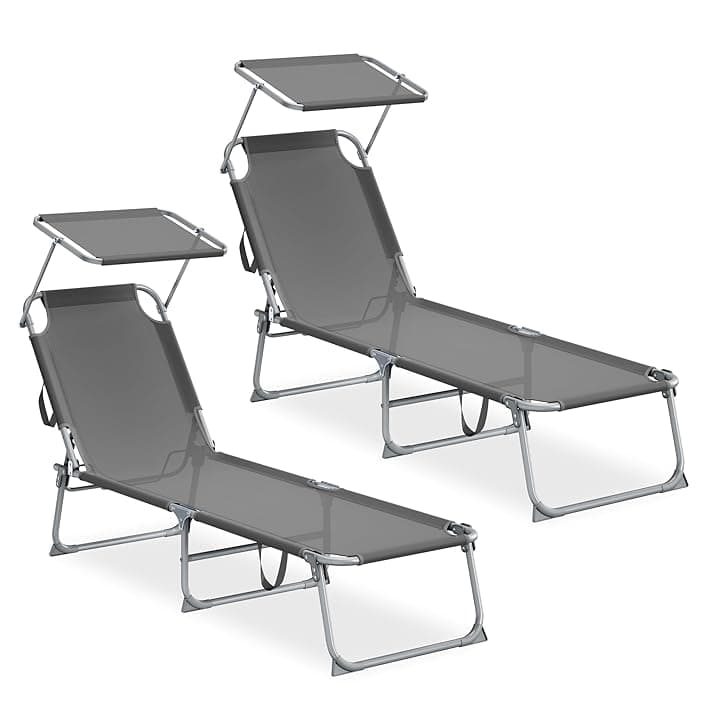 SONGMICS Sedie a Sdraio Pieghevoli, 189 x 53 x 28,5 cm, Lettini Prendisole, Portata 110 kg Ciascuno, Parasole e Schienale Regolabili, per Terrazza e Balcone, Set da 2, Grigio GCB294GZ02