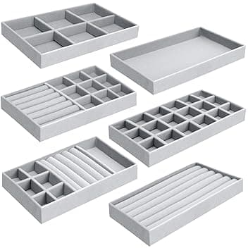 UMILKI 6 Organizzatore Grigio Vassoio Porta Gioielli, Organizer Velluto, Espositore Anelli da Cassetto per Orecchini Collane Bracciali(21*12.5 *2.5 CM)