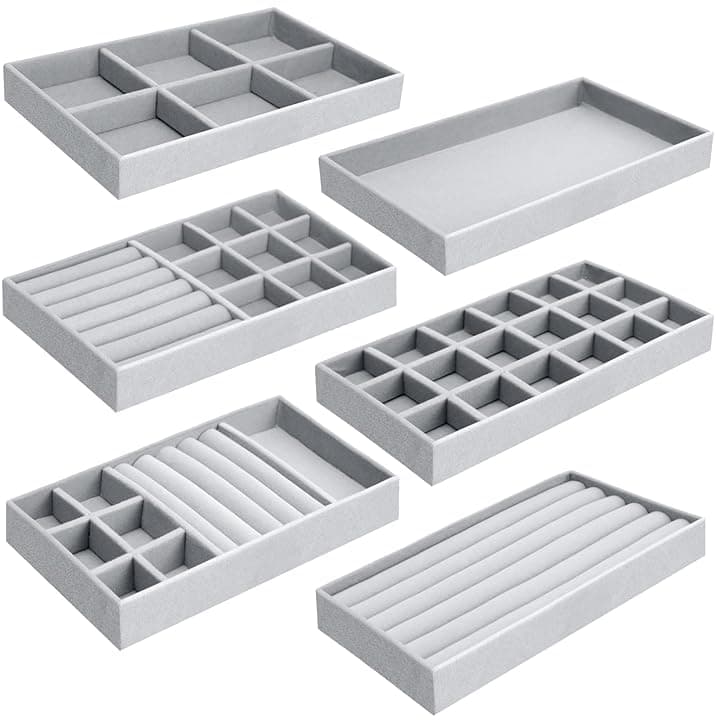 UMILKI 6 Organizzatore Grigio Vassoio Porta Gioielli, Organizer Velluto, Espositore Anelli da Cassetto per Orecchini Collane Bracciali(21*12.5 *2.5 CM)
