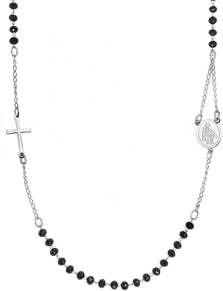 SAGA GIOIELLI COLLANA ROSARIO CRISTALLI NERI ACCIAIO CONFEZIONE REGALO