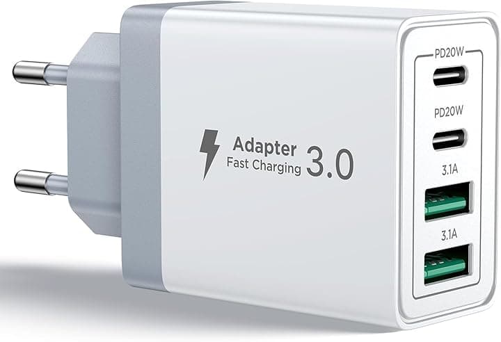 Caricatore USB C Rapido 40W 4Porto Presa USB Caricatore Multipla PD & QC3.0 Carica Cellulare, Spina Alimentatore Caricabatterie per Samsung S22 S23 S24 iPhone 15 16 14, Spinotto Muro Adattatore Global Recycled Standard