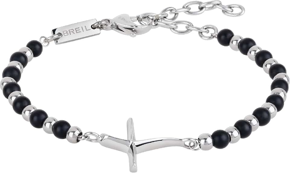 Breil Code Collection, Herren Rosenkranzarmband aus Edelstahl, mit Natürlichen Onyxsteinen, Klassisches Kreuz, Praktischer Karabinerverschluss, Größe 17 cm, Schwarz und Silber