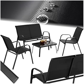 tectake® set salotto da giardino 4 pezzi, set giardino esterno con 2 poltrone, 1 divano 2 posti, tavolino, piano in vetro, textilene traspirante e idrorepellente, struttura in acciaio - Nero