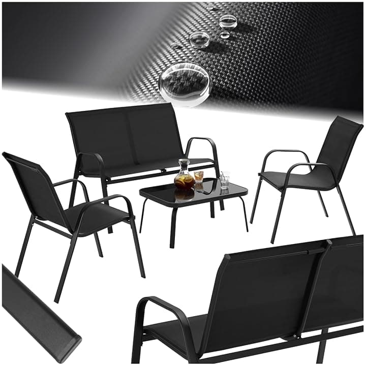 tectake® set salotto da giardino 4 pezzi, set giardino esterno con 2 poltrone, 1 divano 2 posti, tavolino, piano in vetro, textilene traspirante e idrorepellente, struttura in acciaio - Nero