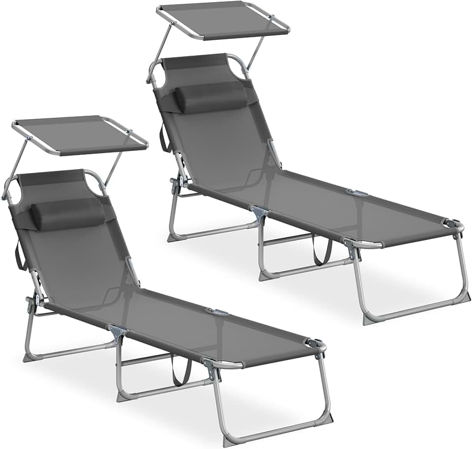 SONGMICS Set da 2 Sedie a Sdraio Pieghevoli, 189 x 53 x 28,5 cm, con Cusicni, Lettini Prendisole, Portata 110 kg Ciascuno, Parasole e Schienale Regolabili, per Terrazza e Balcone, Grigio GCB292GZ02
