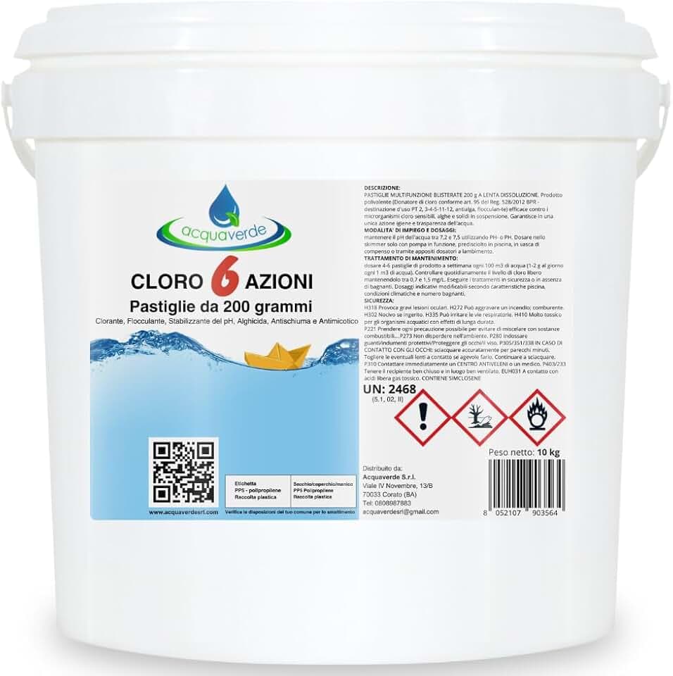 acquaverde | Cloro 6 AZIONI in Pastiglie da 200 grammi, 10 kg di NUOVO Multiazione per Piscina, Trattamento acqua: Clorazione, Alghicida, Flocculante, Stabilizzante del Ph, Antischiuma, Antimicotico