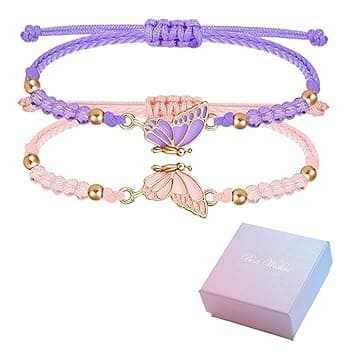 DIFLAX 2 Pezzi Braccialetti Dell'amicizia con Farfalla Braccialetto del Migliore Amico per Ragazze Filo Regolabile Braccialetti BFF con Pendente a Farfalla Regali per Donne Coppie e Amici (Viola+Rosa)