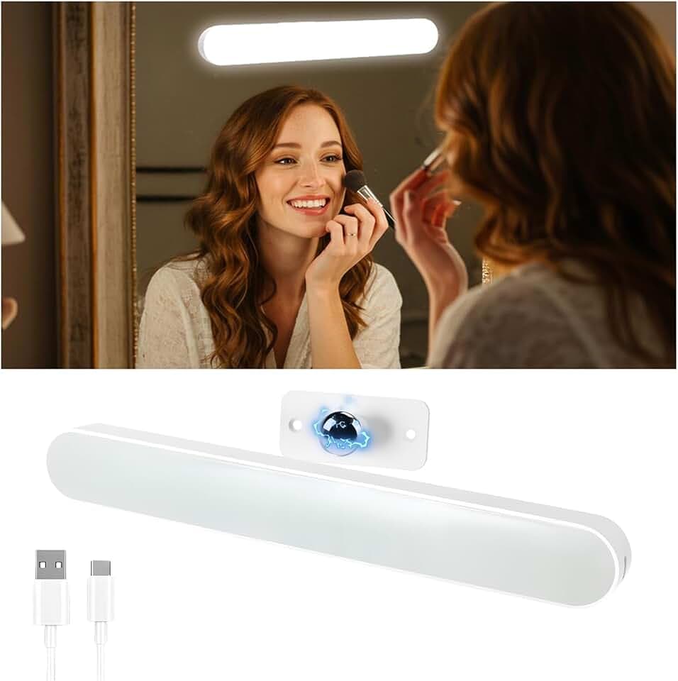 Lampada Specchio Bagno, Luci Per Specchio Da Trucco Con Luci LED a 4000mAH Batteria, Girevole Staccabile 360° Specchiera Trucco, Tre temperature di colore, USB-C, per muro, specchio bagno